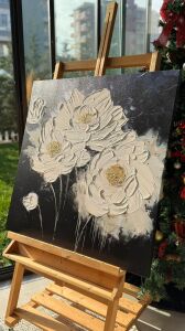 Yağlı Boya Dokulu Kabartmalı Beyaz Çiçekler Tablo 90x90cm