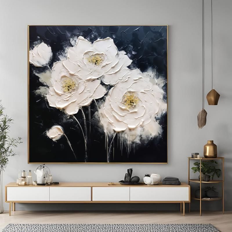 Yağlı Boya Dokulu Kabartmalı Beyaz Çiçekler Tablo 90x90cm