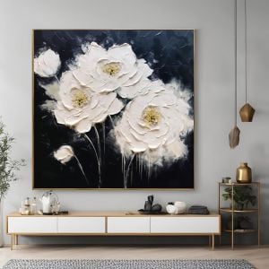 Yağlı Boya Dokulu Kabartmalı Beyaz Çiçekler Tablo 90x90cm
