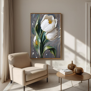 Kanvas Tuval Tablo Gold Detaylı Bej Çiçekler Kod: EYL177