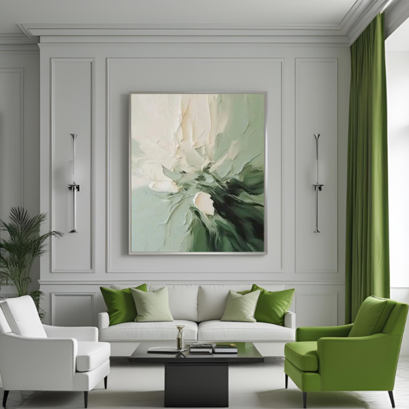 Yağlı Boya Dokulu Kabartmalı Yeşil Tonlu Soyut Tablo