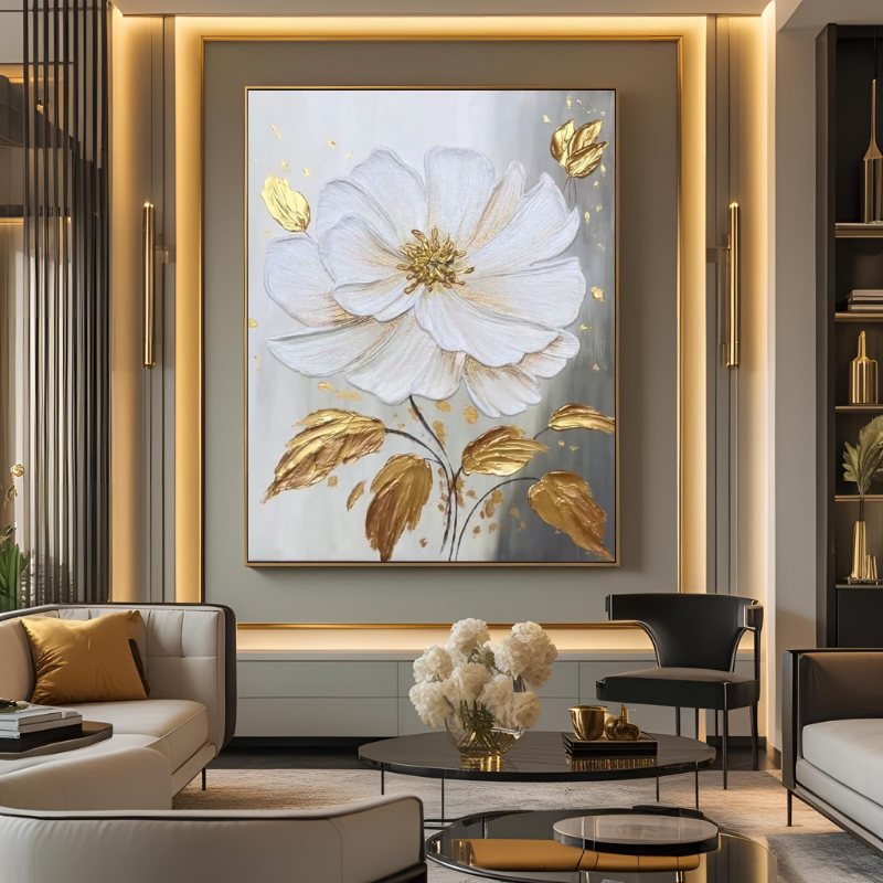 Yağlı Boya Dokulu Kabartmalı Altın Detaylı Çiçek Tablo