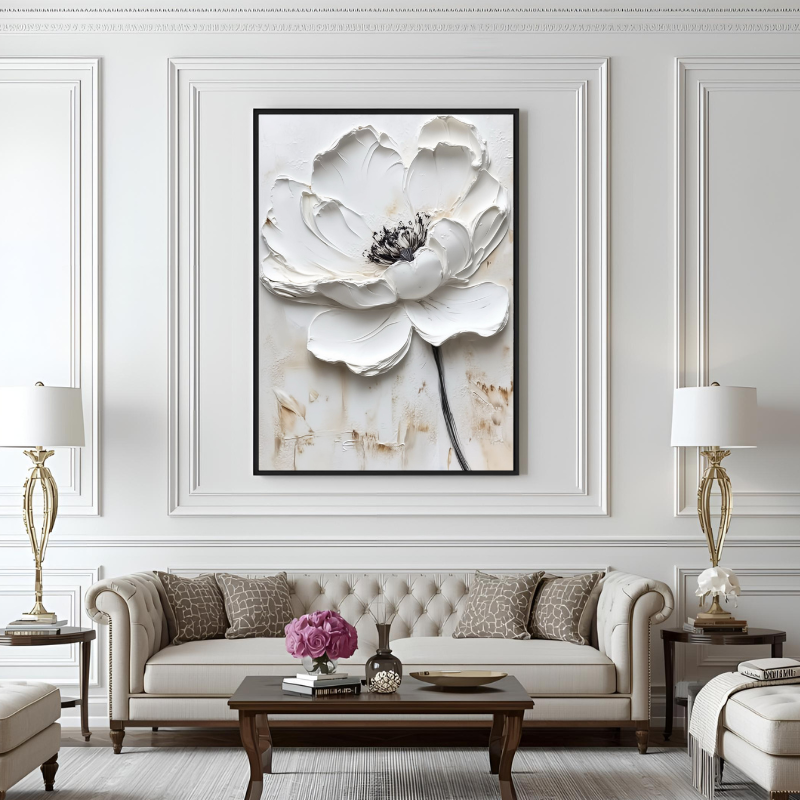 Yağlı Boya Dokulu Kabartmalı Siyah Detaylı Beyaz Çiçek Tablo 70x70cm