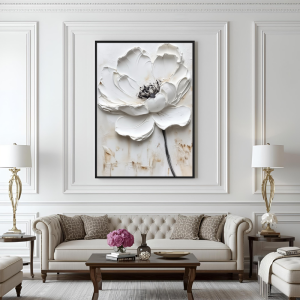 Yağlı Boya Dokulu Kabartmalı Siyah Detaylı Beyaz Çiçek Tablo 70x70cm