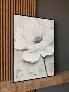 Yağlı Boya Dokulu Kabartmalı Siyah Detaylı Beyaz Çiçek Tablo 70x70cm