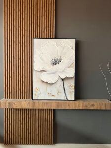 Yağlı Boya Dokulu Kabartmalı Siyah Detaylı Beyaz Çiçek Tablo 70x70cm